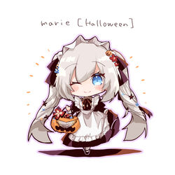  alternate_costume apron blue_eyes chibi enmaided fate/grand_order fate_(series) female halloween halloween_bucket maid maid_apron maid_headdress marie_antoinette_(animejapan_2016)_(fate) marie_antoinette_(fate) official_alternate_costume one_eye_closed shio_kuzumochi smile twintails white_hair 