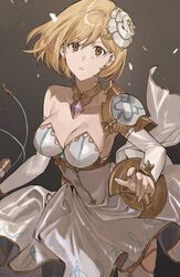  :o armor blonde_hair breasts brown_eyes cleavage cowboy_shot detached_collar detached_sleeves djeeta_(granblue_fantasy) dress earrings female glorybringer_(granblue_fantasy) granblue_fantasy hashibiro_kou_(garapiko_p) highres jewelry looking_at_viewer medium_breasts short_hair shoulder_armor single_bare_shoulder single_earring solo strapless strapless_dress thighhighs white_dress white_thighhighs wind 