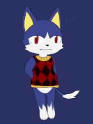  3:4 absurd_res animal_crossing anthro blue_body blue_fur bottomless clothed clothing domestic_cat felid feline felis fur hi_res hikaridraws male mammal maroon_clothing nintendo red_clothing red_eyes rover_(animal_crossing) solo sweater topwear white_body white_fur yellow_ears 