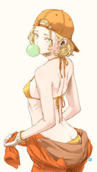  absurdres back baseball_cap bikini blonde_hair blowing_bubbles butt_crack chewing_gum clothes_around_waist cropped_legs earrings female gloves green_eyes halterneck hat highres jewelry jumpsuit jumpsuit_around_waist key_(kagibangou) looking_at_viewer medium_hair original solo string_bikini swimsuit turning_head wavy_hair white_background white_gloves yellow_bikini 