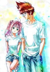  1boy akira_ituki arms_behind_back blue-tinted_eyewear blue_pants blue_shorts brown_eyes brown_hair cowboy_shot denim denim_shorts female green_eyes hands_in_pockets head_tilt long_hair looking_at_viewer macross macross_7 mylene_jenius nekki_basara pants parted_lips pink_hair round_eyewear shirt shoes short_shorts short_sleeves shorts side_ponytail sneakers spiked_hair standing standing_on_one_leg tinted_eyewear white_background white_footwear white_shirt 