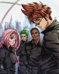  2boys 2girls akira_ituki antenna_hair black_coat black_hair blue-tinted_eyewear blurry blurry_background brown_hair closed_mouth coat crossed_arms facial_hair fire_bomber green_eyes green_hair hair_intakes hand_in_pocket long_hair looking_at_viewer macross macross_7 moustache multiple_boys multiple_girls mylene_jenius nekki_basara pink_hair pointy_ears ray_lovelock round_eyewear spiked_hair standing sunglasses tinted_eyewear upper_body veffidas_feaze yellow_eyes 