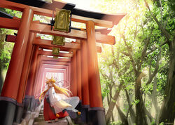  animal_ear_fluff animal_ears back_bow bell black_bow blonde_hair blunt_bangs bow commentary_request day expressionless female forest fox_ears fox_tail full_body hair_bell hair_ornament hakama hakama_skirt hazuki_natsu highres japanese_clothes jingle_bell kitsune long_hair looking_at_viewer miko multiple_torii nature original outdoors red_eyes red_hakama ribbon-trimmed_sleeves ribbon_trim sandals skirt solo stairs standing tail tassel torii twitter_username wide_sleeves zouri 