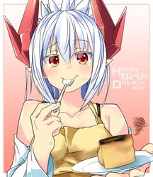  apron black_bra bra bra_strap breasts burnt_food cake cake_slice demon_girl demon_horns eating female food happy_birthday horns large_breasts long_hair lorem_(mazohaha) musuko_ga_kawaikute_shikatanai_mazoku_no_hahaoya mutsuki_nekohachi october oerba_yun_fang outside_border plate pointy_ears ponytail red_eyes red_horns shirt underwear upper_body white_hair white_shirt yellow_apron 