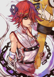  a.b.a bags_under_eyes bandages bare_shoulders commentary female green_eyes guilty_gear guilty_gear_xx hair_over_one_eye highres key_in_head levvellevvel lips looking_at_viewer object_through_head paracelsus_(guilty_gear) red_hair short_hair simple_background solo_focus white_background 