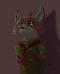  2021 anthro bodily_fluids canid canine clothed clothing crying disney eosfoxx fox fur green_eyes inner_ear_fluff light lighting male mammal nick_wilde red_fox scout_uniform shadow signature solo tears true_fox tuft white_body white_fur zootopia 