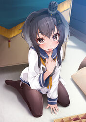  anchor_symbol black_hair black_pantyhose blue_sailor_collar blush box chocolate desk dress female gradient_hair grey_hair index_finger_raised indoors kantai_collection licking licking_finger long_sleeves mofu_namako multicolored_hair neckerchief on_floor pantyhose sailor_collar sailor_dress short_eyebrows short_hair_with_long_locks sitting solo tokitsukaze_(kancolle) tongue white_sleeves yellow_neckerchief 