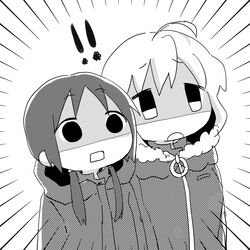  ! !! 2girls ahoge chito_(shoujo_shuumatsu_ryokou) commentary_request emphasis_lines empty_eyes fur_trim gloom_(expression) greyscale monochrome multiple_girls open_mouth shaded_face shoujo_shuumatsu_ryokou twintails yuuri_(shoujo_shuumatsu_ryokou) yuyu_(yuuuyuuu69) 