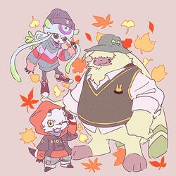  1:1 angoramon angoramon_(ghost_game) anthro autumn bandai_namco clothing cozy_ashfilm digimon digimon_(species) digimon_ghost_game female fur gammamon gammamon_(ghost_game) group hair hair_over_eyes hat headgear headwear hi_res hoodie humanoid jellymon jellymon_(ghost_game) long_ears male one_eye_closed ponytail_ears tentacle topwear trio vest wink yellow_body yellow_fur 