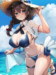  absurdres beach bikini blue_bikini blue_eyes blue_sky braid breasts brown_hair cloud commentary_request cowboy_shot day duplicate feet female flip-flops foot_out_of_frame hair_flaps hair_over_shoulder hat highres horizon kantai_collection large_breasts long_hair looking_at_viewer nail_polish navel ocean outdoors pixel-perfect_duplicate sandals shigure_(kancolle) shigure_kai_san_(kancolle) shigure_kai_san_(swimsuit)_(kancolle) shirt single_braid sky smile solo stomach straw_hat sun_hat swimsuit toenail_polish toenails toes torisan water wet wet_clothes wet_shirt 