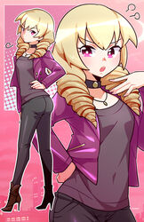  artist_name black_pants blonde_hair boots breasts casual choker denim drill_hair erika_wagner female hand_on_hip high_heel_boots high_heels highres jacket jeans jewelry looking_at_viewer lyn_(shunao) necklace open_mouth pants pink_background polka_dot polka_dot_background red_eyes small_breasts solo under_night_in-birth 