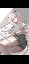  animal_ears bare_legs black_eyes black_nails blush breasts commentary ear_piercing feet_out_of_frame female grey_hair grey_shorts hair_between_eyes highres hololive large_breasts letterboxed lion_ears lion_girl lion_tail long_hair looking_at_viewer lying nail nerorigogo off-shoulder_shirt off_shoulder official_alternate_costume on_bed on_side parted_lips piercing shirt shishiro_botan shishiro_botan_(casual) short_shorts short_sleeves shorts sideboob single_bare_shoulder solo tail thighs upshirt virtual_youtuber white_shirt 