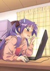  blush bow brown_bow brown_hoodie chair commentary_request computer computer_mouse curtains desk female grey_eyes hairbow hand_up hiiragi_kagami holding_computer_mouse hood hoodie hotaru_iori ichimi_renge indoors laptop long_hair looking_at_object lucky_star open_mouth purple_hair second-party_source sitting solo sweat tongue 