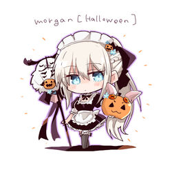  alternate_costume apron blue_eyes cernunnos_(fate) chibi enmaided fate/grand_order fate_(series) female halloween jack-o&#039;-lantern maid maid_apron maid_headdress morgan_le_fay_(fate) platinum_blonde_hair ponytail shio_kuzumochi smile thighhighs 