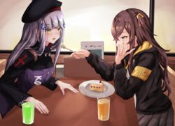  2girls :o armband beret black_jacket black_skirt brown_hair cake cake_slice chair cup drink drinking_glass food fork girls&#039;_frontline green_eyes grey_hair hair_ornament hand_on_own_face hat highres hk416_(girls&#039;_frontline) jacket long_hair military_jacket multiple_girls one_side_up plate scar scar_across_eye shirt skirt table teardrop_facial_mark teardrop_tattoo ump45_(girls&#039;_frontline) white_shirt x_hair_ornament yellow_armband yellow_eyes yoshi-j 