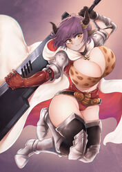  big_breasts breasts cleavage clothed clothing female hair hi_res holding_melee_weapon holding_object holding_sword holding_weapon horn horned_humanoid humanoid melee_weapon not_furry oni_unicorn purple_hair solo sword weapon wide_hips 