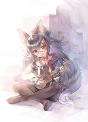  animal_ears black_hair blush feline female full_body glasses hair_between_eyes hair_ornament hairclip highres holding holding_instrument hololive hood hoodie indian_style indoors instrument kei_(keigarou) long_hair long_sleeves multicolored_hair no_shoes official_alternate_costume ookami_mio ookami_mio_(casual) pantyhose red_hair sitting smile solo streaked_hair taiga_(ookami_mio) tail ukulele very_long_hair virtual_youtuber wolf_ears wolf_girl wolf_tail yellow_eyes 