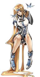  absurdly_long_hair absurdres bare_legs bird black_gloves blonde_hair blue_eyes breasts dong_hole elbow_gloves female fingerless_gloves gloves guilty_gear guilty_gear_x guilty_gear_xx headband high_heels highres invisible_chair large_breasts long_hair millia_rage shaded_face sitting solo very_long_hair 