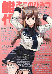  absurdres arms_up black_sailor_collar black_shirt black_skirt braid brown_hair character_name commentary_request dress_shirt female garter_straps green_eyes highres kaminashi_yamato kantai_collection long_sleeves looking_at_viewer necktie noshiro_(kancolle) noshiro_kai_ni_(kancolle) pleated_skirt red_background sailor_collar sailor_shirt school_uniform serafuku shirt skirt solo swept_bangs text_background twin_braids wall_of_text 