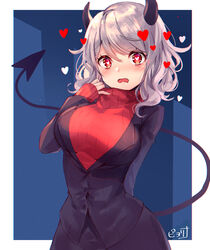  black_horns black_jacket black_skirt black_suit black_tail blush breasts commentary demon_girl demon_horns demon_tail female formal heart heart-shaped_pupils helltaker highres horns jacket large_breasts long_sleeves long_tail looking_at_viewer medium_hair modeus_(helltaker) oerba_yun_fang open_mouth piyoyanagi red_eyes red_sweater ribbed_sweater skirt solo suit sweater symbol-shaped_pupils tail turtleneck turtleneck_sweater white_hair 