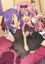  2girls bed_sheet black_bow black_dress black_socks bow commentary_request cosplay dress folded_ponytail fujiwara_chika fujiwara_chika_(cosplay) hair_between_eyes hair_ribbon hairbow hiiragi_tsukasa hotaru_iori ichimi_renge indoors izumi_konata kaguya-sama_wa_kokurasetai_~tensai-tachi_no_renai_zunousen~ light_blush long_hair lucky_star multiple_girls open_mouth outstretched_arm pink_hair purple_eyes purple_hair red_ribbon ribbon school_uniform second-party_source seiza shinomiya_kaguya shinomiya_kaguya_(cosplay) shuuchiin_academy_school_uniform sitting socks takara_miyuki tongue v white_socks 