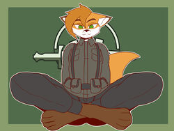  2022 4:3 4_toes absurd_res anthro barefoot black_nose canid canine clothed clothing crossed_legs feet fingers fluffy fluffy_tail fox foxhole:_persistant_online_warfare fur hair hi_res male mammal nikki_mccafferty_(rockethawk) orange_body orange_fur orange_hair rule_63 short_hair sitting smile solo tail the_man toes white_body white_fur 