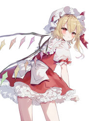  back_bow blonde_hair bloomers blush bow cowboy_shot crystal female flandre_day flandre_scarlet frilled_shirt_collar frilled_sleeves frills from_behind hat hat_ribbon highres large_bow looking_at_viewer looking_back mob_cap multicolored_wings one_side_up petticoat puffy_short_sleeves puffy_sleeves red_eyes red_ribbon red_skirt red_vest ribbon sailor_collar shirt short_sleeves simple_background skirt skirt_set sleeve_ribbon solo sorani_(kaeru0768) touhou underwear vest white_background white_bloomers white_bow white_hat white_sailor_collar wings 