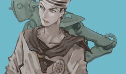  2boys black_hair blue_background closed_mouth dixie_cup_hat hat higashikata_josuke_(jojolion) jojo_no_kimyou_na_bouken jojolion male_focus military_hat multiple_boys nakano_(2_mannaka) pompadour sailor sailor_collar short_hair simple_background soft_&amp;_wet stand_(jojo) star_(symbol) 