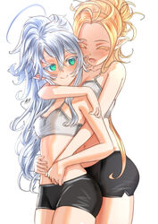  2girls arm_around_neck artist_name bike_shorts black_shorts blonde_hair breasts closed_eyes commentary elf folded_ponytail green_eyes highres hug hug_from_behind kein_hasegawa long_hair looking_at_another looking_back multiple_girls navel oerba_yun_fang open_mouth original pointy_ears short_shorts shorts signature simple_background small_breasts sports_bra very_long_hair white_background white_hair white_sports_bra yuri 