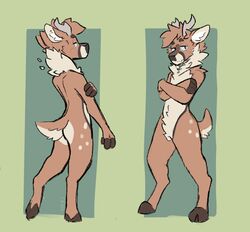  2022 anthro cloven_hooves crossed_arms deer digitigrade featureless_crotch hi_res hooved_digitigrade hooved_toes hooves horn kherspurrs male mammal multiple_poses nub_tail nude pose simple_background solo standing 