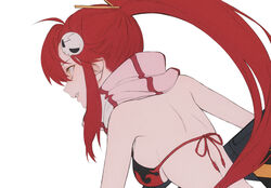  ahoge anti-materiel_rifle back bare_shoulders bikini bikini_top_only female from_side grin gun hair_ornament hair_stick high_ponytail long_hair pink_scarf red_hair rifle scarf sidelocks skull_hair_ornament smile sniper_rifle solo swimsuit tengen_toppa_gurren_lagann unfinished wanke weapon yellow_eyes yoko_littner 