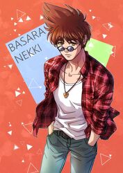  1boy akira_ituki belt belt_buckle black_belt blue-tinted_eyewear blue_pants brown_hair buckle character_name closed_mouth collarbone collared_shirt dress_shirt hands_in_pockets jewelry macross macross_7 male_focus nekki_basara open_clothes open_shirt pants pendant plaid plaid_shirt red_shirt round_eyewear shirt short_hair solo spiked_hair sunglasses tinted_eyewear white_shirt wing_collar yellow_eyes 