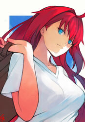  ahoge aozaki_aoko blue_eyes blue_sky breasts closed_mouth female hair_intakes highres long_hair looking_at_viewer moedredd red_hair shirt signature simple_background sky smile solo suitcase tsukihime upper_body white_shirt 