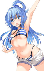  :o aqua_(konosuba) arm_up armpits bare_arms bare_shoulders bikini bikini_under_shorts blue_bikini blue_eyes blue_hair breasts commentary cowboy_shot female hair_rings halterneck highres kono_subarashii_sekai_ni_shukufuku_wo! long_hair looking_at_viewer medium_breasts navel open_fly open_mouth oryo_(oryo04) short_shorts shorts sidelocks simple_background solo stomach strap_gap string_bikini striped_bikini striped_clothes swimsuit white_background white_shorts 