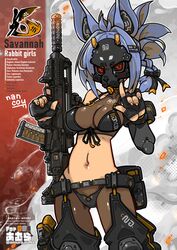  animal_ears assault_rifle bikini bikini_over_clothes black_bikini black_gloves blue_hair breasts commission cowboy_shot english_text female fingerless_gloves front-tie_bikini_top front-tie_top gloves gun halterneck highres holding holding_gun holding_weapon holster looking_at_viewer mask medium_breasts nancou_(nankou) navel original rabbit_ears rifle see-through short_hair solo swimsuit thigh_holster trigger_discipline vhs-d2 weapon 