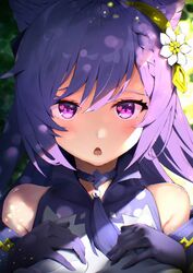  absurdres bare_shoulders blush braid commentary_request double_bun female genshin_impact gloves hair_bun hair_ornament hairclip hands_on_own_chest heart heart-shaped_pupils highres honehone_(xsnk8483) keqing_(genshin_impact) looking_at_viewer open_mouth purple_eyes purple_hair solo sparkling_eyes symbol-shaped_pupils twintails 