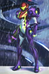  arm_cannon armor artist_name assault_visor commentary english_commentary female full_armor gravity_suit_(metroid) green_visor helmet hybridmink looking_at_viewer metroid metroid_dread paid_reward_available patreon_username power_armor power_suit rain samus_aran science_fiction simple_background solo standing weapon web_address 