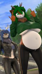  3d_(artwork) 4k 9:16 absurd_res anthro antlers belly big_belly big_breasts black_bottomwear black_clothing black_pants blue_hair bottomwear bra breasts buckteeth clothing crop_top daughter_(lore) deer digital_media_(artwork) donglysfm duo female flipping_viewer_off gesture green_clothing green_eyes green_hair green_shirt green_topwear hair hand_gesture hi_res horn jacket leather leather_clothing leather_jacket leather_topwear mammal middle_finger mother_(lore) mother_and_child_(lore) mother_and_daughter_(lore) neck_tuft nova_bellflower_(donglysfm) outside pants parent_(lore) parent_and_child_(lore) parent_and_daughter_(lore) plant pregnant pregnant_anthro pregnant_female revamped_anthros shirt sky source_filmmaker_(artwork) sweater tea_tree_(donglysfm) teeth topwear tree tuft under_boob underwear 