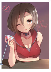  absurdres arm_on_table artist_name bad_id bad_pixiv_id breasts brown_eyes brown_hair choker cleavage closed_mouth cocktail_glass cup drink drinking_glass eighth_note elbow_on_table female hair_between_eyes highres holding holding_cup holding_drink kusunokimizuha light_blush light_smile looking_at_viewer meiko_(vocaloid) meiko_(vocaloid3) musical_note one_eye_closed purple_background red_choker red_shirt shirt short_hair signature sleeveless sleeveless_shirt solo speech_bubble spoken_musical_note vocaloid 