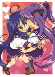  2girls :3 ahoge blue_hair brown_footwear commentary_request eye_contact green_eyes grey_legwear hair_between_eyes heart heart_background hiiragi_kagami hotaru_iori hug ichimi_renge izumi_konata long_hair looking_at_another lucky_star multiple_girls open_mouth pleated_skirt purple_eyes purple_hair purple_sailor_collar purple_skirt ryouou_school_uniform sailor_collar school_uniform second-party_source serafuku shirt shoes skirt smile socks sweatdrop tongue twintails very_long_hair white_shirt white_socks yuri 