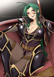  armor black_armor black_gloves blood blood_on_face boots breast_tattoo breasts cleavage earrings female fire_emblem fire_emblem:_path_of_radiance full_body gloves green_hair highres holding holding_polearm holding_weapon jewelry large_breasts lipstick long_hair looking_at_viewer makeup open_mouth petrine_(fire_emblem) plunging_neckline polearm purple_eyes sitting solo spear tattoo vialnite weapon 