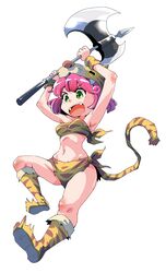  absurdres animal_ears animal_print armpits axe berserker_(final_fantasy) breasts female final_fantasy final_fantasy_5 full_body green_eyes highres lenna_charlotte_tycoon open_mouth pink_hair shinapuu short_hair simple_background solo tail tiger_print weapon white_background 