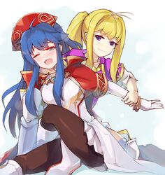  2girls ahoge blonde_hair blue_eyes blue_hair blush bracelet clarine_(fire_emblem) fire_emblem fire_emblem:_the_binding_blade fire_emblem_heroes full_body gloves highres jaegan jewelry lilina_(fire_emblem) lilina_(firelight_leader)_(fire_emblem) long_hair multiple_girls one_eye_closed ponytail wrestling 