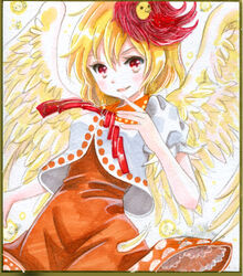  animal_on_head bird bird_on_head bird_tail bird_wings blonde_hair chick commentary_request dress female graphite_(medium) hajike_akira highres multicolored_hair neckerchief niwatari_kutaka on_head orange_dress parted_lips photo_(medium) red_eyes red_hair red_neckerchief shirt short_hair solo tail touhou traditional_media two-tone_hair white_shirt wings yellow_wings 