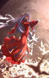  ahoge aqua_hair bili_girl_22 bilibili bird dress female flower hair_flower hair_ornament highres jewelry long_hair moon official_art red_dress red_eyes ring solo standing very_long_hair wedding_dress 