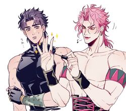  2boys applying_manicure corset dio_brando earrings fingerless_gloves gloves hako_iix07 jewelry jojo_no_kimyou_na_bouken jonathan_joestar lips looking_at_another male_focus multiple_boys muscular muscular_male musical_note nail_polish nail_polish_brush official_alternate_costume painting_fingernails parted_lips pectorals phantom_blood pink_eyes pink_hair pink_lips pink_nails purple_hair short_hair smile sparkle spoken_musical_note sweatdrop wristband 