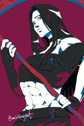  1other abs androgynous bare_shoulders black_choker black_hair blood choker fingerless_gloves gloves guilty_gear guilty_gear_x guilty_gear_xx highres long_hair looking_at_viewer midriff other_focus purple_background red_eyes scythe simple_background smirkingcat solo straight_hair testament_(guilty_gear) 