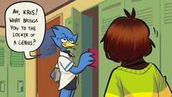  ambiguous_gender angusburgers anthro avian beak berdly bird blue_body blue_feathers book brown_hair clothing deltarune door dot_eyes duo english_text eyewear feathers glasses hair half-closed_eyes hi_res holding_object human inside kris_(deltarune) locker looking_at_another male mammal narrowed_eyes school shirt smile smug speech_bubble standing t-shirt text topwear undertale_(series) yellow_beak 