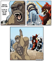  3_heads absurd_res anthro ape city claws destoroyah dialogue dragon english_text fangs fur godzilla_(series) godzilla_vs._kong gorilla haplorhine harashu96 hi_res horn humor jojo&#039;s_bizarre_adventure kaiju keizer_ghidorah king_kong king_kong_(series) male mammal megaprimatus_kong membrane_(anatomy) meme monster multi_head mythological_creature mythological_scalie mythology nude open_mouth primate red_eyes running scales scalie speech_bubble spikes teeth text toho tongue yellow_eyes 