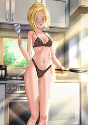  ass_visible_through_thighs black_bra black_panties blonde_hair blue_eyes blurry blurry_background bra braid breasts commentary commission dust_cloud english_commentary female frying_pan half-closed_eyes heterochromia highleg highleg_panties highres holding holding_spatula indoors kein_hasegawa kitchen kitchen_range lace lace-trimmed_bra lace-trimmed_panties lace_bra lace_panties lace_trim lingerie looking_at_viewer medium_breasts mixed-language_commentary navel open_mouth original panties purple_eyes short_hair smile solo spatula standing stove sunlight underwear underwear_only 